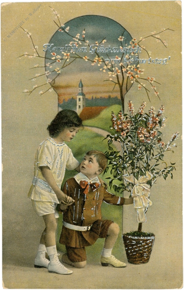 geburtstag, kinder mit blumenstock geburtstag, kinder mit blumenstock