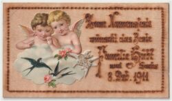 namenstag, baumrindenkarte mit engel und schwalben