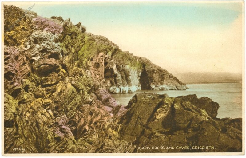criccieth, black rocks and caves
