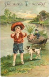 pfingsten, jungen mit hund und boot