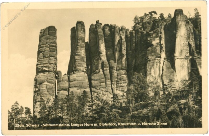 sächs. schweiz, schrammsteine, langes horn mit bloßstock, kreuzturm und morsche zinne sächs. schweiz, schrammsteine, langes horn mit bloßstock, kreuzturm und morsche zinne