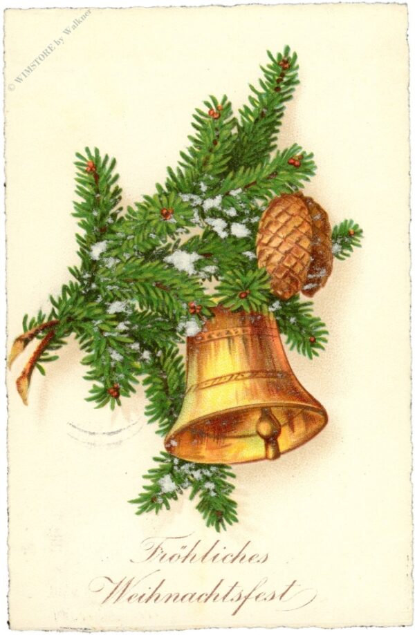 weihnachten, glocke auf zweig mit zapfen