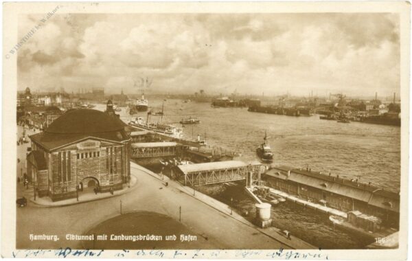 hamburg, elbtunnel mit landungsbrücken und hafen