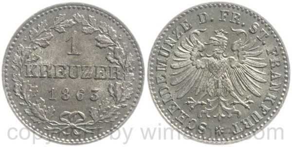 frankfurt, 1 kreuzer 1863, billon, vz frankfurt, 1 kreuzer 1863, billon, vz