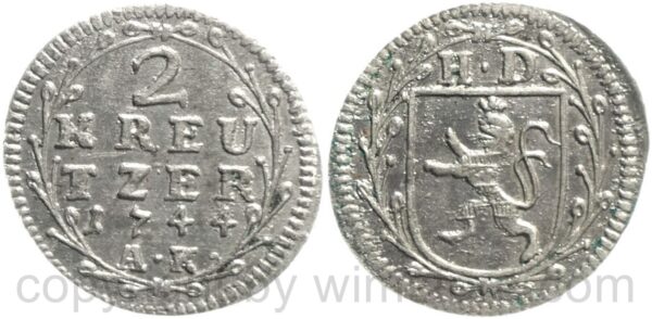 hessen darmstadt, 2 kreuzer 1744, silber, vz hessen darmstadt, 2 kreuzer 1744, silber, vz