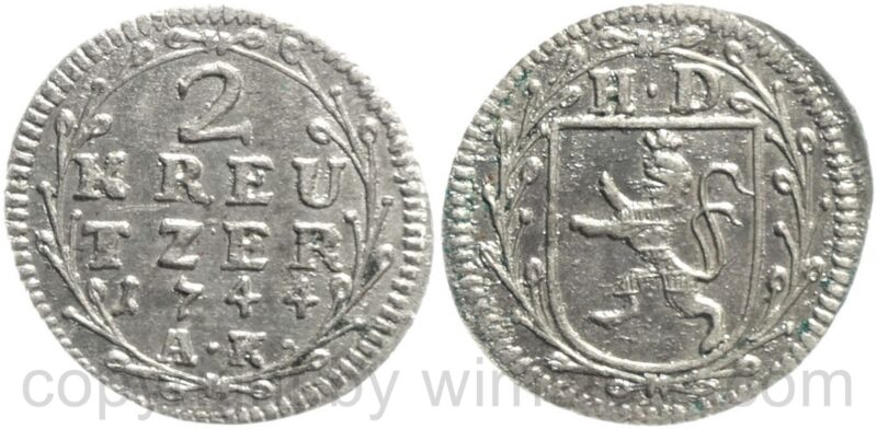 hessen darmstadt, 2 kreuzer 1744, silber, vz hessen darmstadt, 2 kreuzer 1744, silber, vz