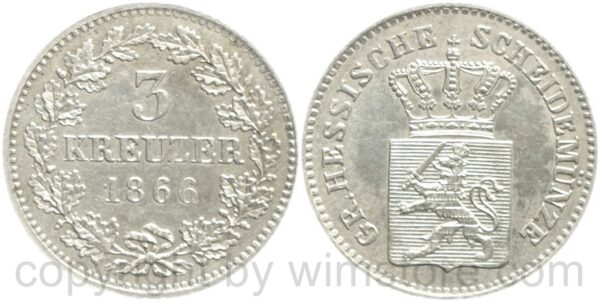 hessen darmstadt, 3 kreuzer 1866, silber, vz hessen darmstadt, 3 kreuzer 1866, silber, vz