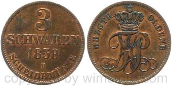 oldenburg, 3 schwaren 1858 b, kupfer, ss vz oldenburg, 3 schwaren 1858 b, kupfer, ss vz