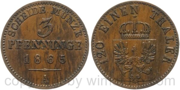 preussen, 3 pfennige 1865, kupfer, ss vz preussen, 3 pfennige 1865, kupfer, ss vz