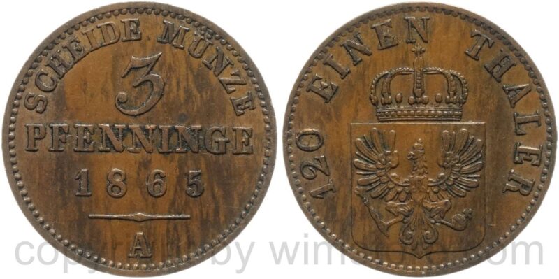 preussen, 3 pfennige 1865, kupfer, ss vz preussen, 3 pfennige 1865, kupfer, ss vz
