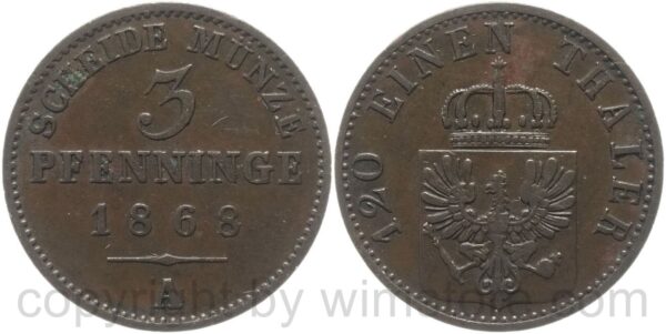 preussen, 3 pfennige 1868, kupfer, ss