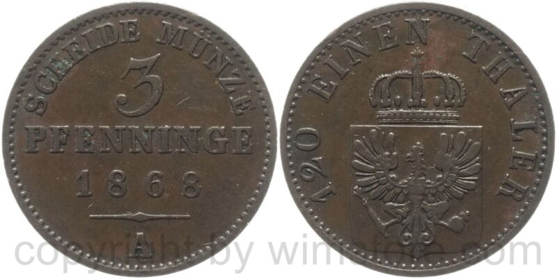 preussen, 3 pfennige 1868, kupfer, ss preussen, 3 pfennige 1868, kupfer, ss