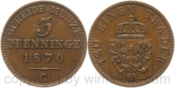 preussen, 3 pfennige 1870, kupfer, vz preussen, 3 pfennige 1870, kupfer, vz