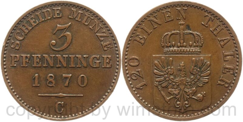preussen, 3 pfennige 1870, kupfer, vz preussen, 3 pfennige 1870, kupfer, vz