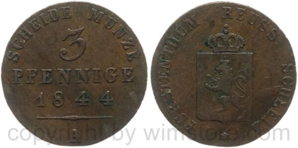 reuss schleiz, 3 pfennig 1844, kupfer, ss reuss schleiz, 3 pfennig 1844, kupfer, ss