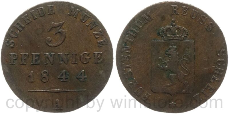 reuss schleiz, 3 pfennig 1844, kupfer, ss
