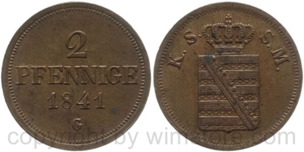 sachsen albertinische linie, 2 pfennig 1841 g, kupfer, ss