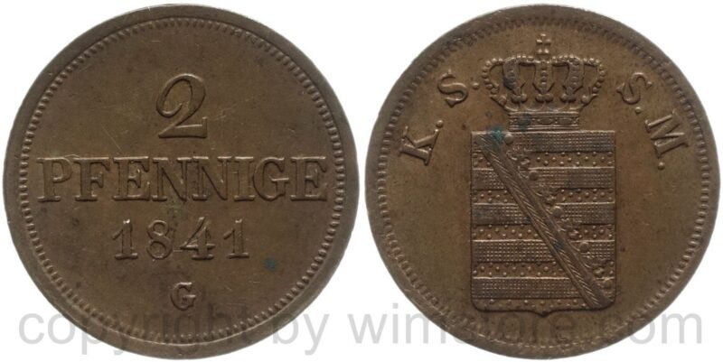 sachsen albertinische linie, 2 pfennig 1841 g, kupfer, ss