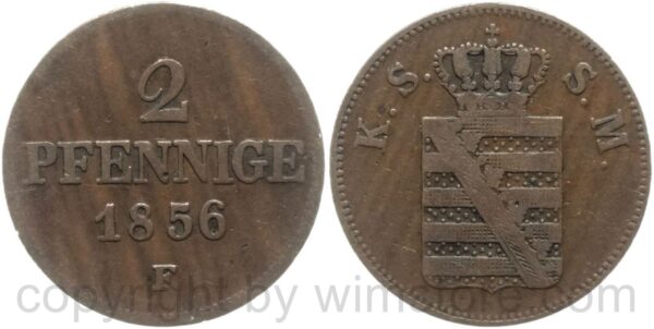 sachsen albertinische linie, 2 pfennig 1856 f, kupfer, ss