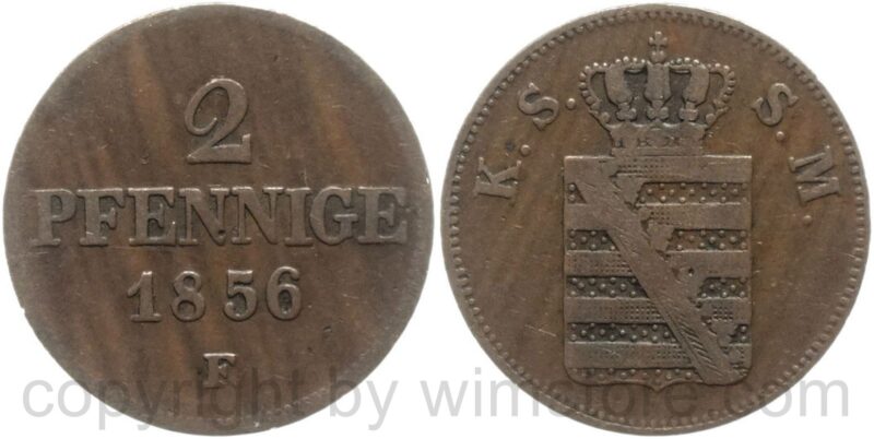 sachsen albertinische linie, 2 pfennig 1856 f, kupfer, ss