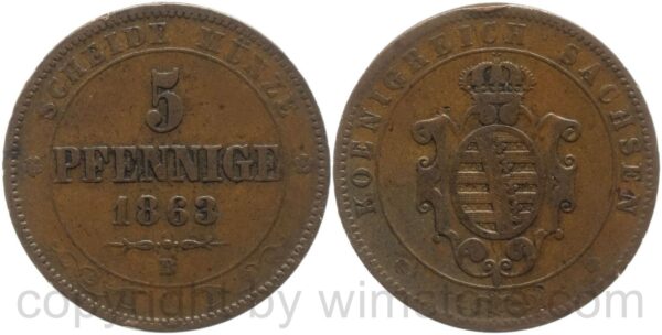 sachsen albertinische linie, 5 pfennig 1863 b, kupfer, ss, kl. rs.
