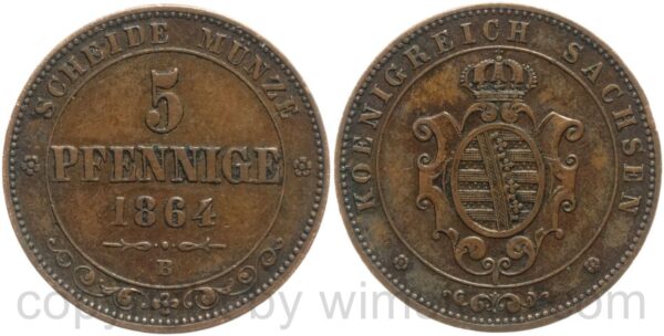 sachsen albertinische linie, 5 pfennig 1864 b, kupfer, ss