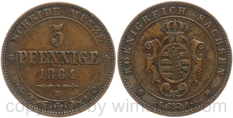 sachsen albertinische linie, 5 pfennig 1864 b, kupfer, ss