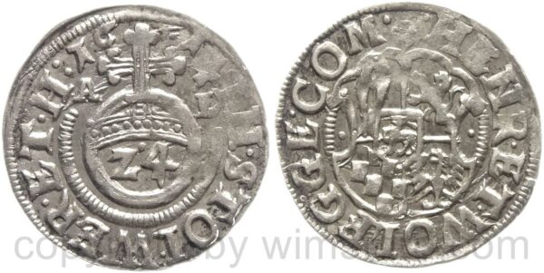stolberg, 1614 heinrich xxii. und wolfgang georg 1612 1615, 1/24 taler 1614, silber, ss