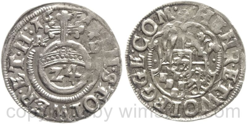 stolberg, 1614 heinrich xxii. und wolfgang georg 1612 1615, 1/24 taler 1614, silber, ss