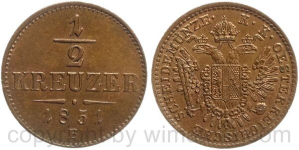 franz josef i., 1/2 kreuzer 1851 b, kupfer, vz, winz. rs.