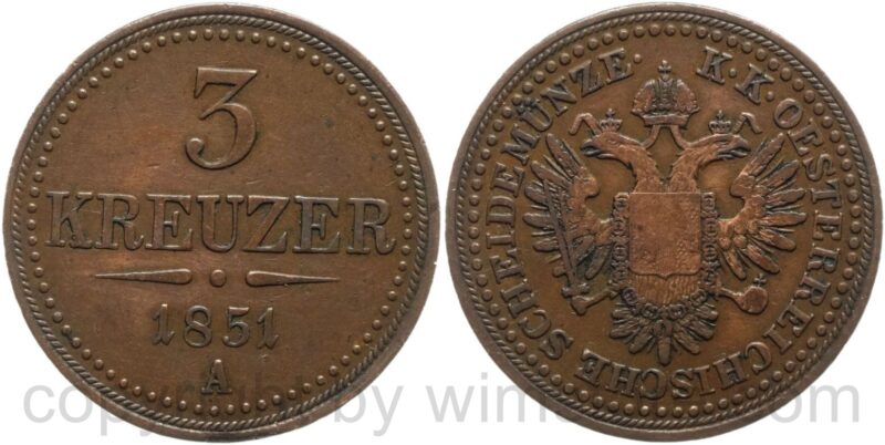 franz josef i., 3 kreuzer 1851 a, kupfer, ss