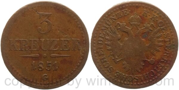 franz josef i., 3 kreuzer 1851 g, kupfer, ge s