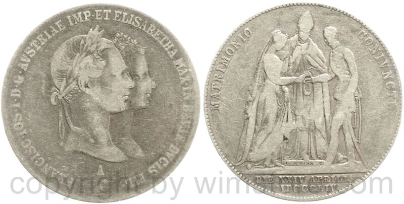 franz josef i., 1 gulden 1854 a, zur vermählung von franz josef i. und kaiserin elisabeth (sissi), grüne hochzeit, silber, s