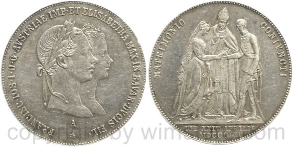 franz josef i., 1 gulden 1854 a, zur vermählung von franz josef i. und kaiserin elisabeth (sissi), grüne hochzeit, silber, vz, winz rsn.