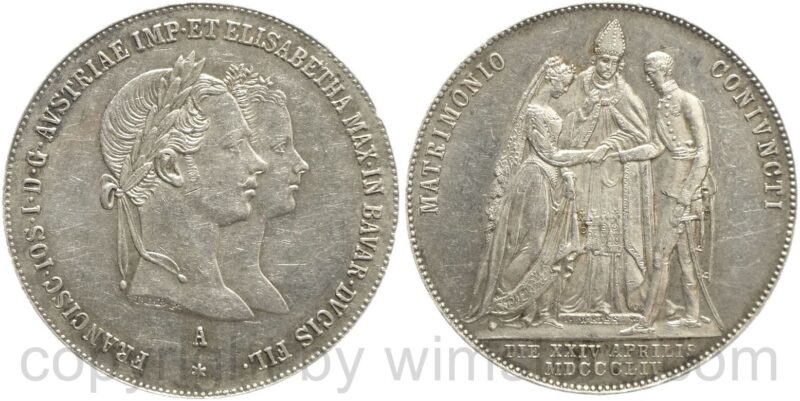 franz josef i., 1 gulden 1854 a, zur vermählung von franz josef i. und kaiserin elisabeth (sissi), grüne hochzeit, silber, vz, winz rsn. franz josef i., 1 gulden 1854 a, zur vermählung von franz josef i. und kaiserin elisabeth (sissi), grüne hochzeit, silber, vz, winz rsn.