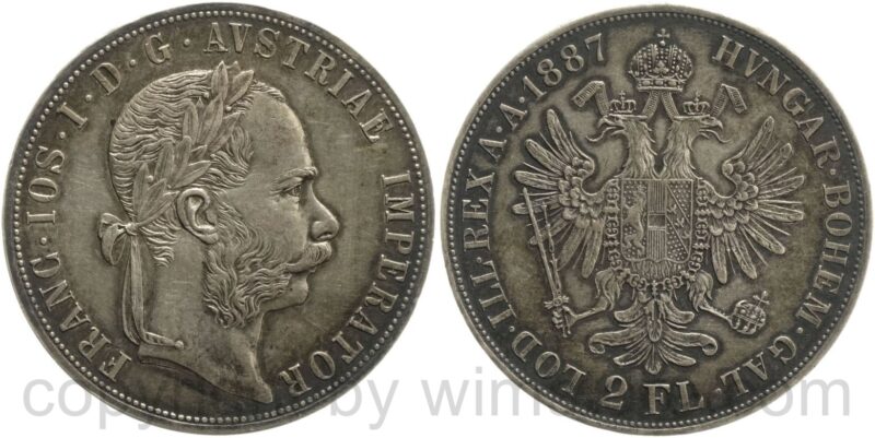 franz josef i., 2 gulden 1887, silber, ss vz, schön gedunkelt franz josef i., 2 gulden 1887, silber, ss vz, schön gedunkelt