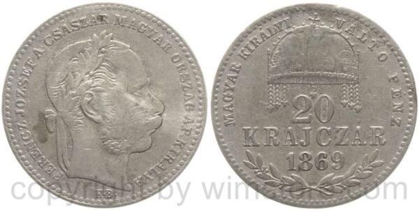franz josef i., 20 krajczar 1869 kb. (20 kreuzer 1869 kb), ag, s