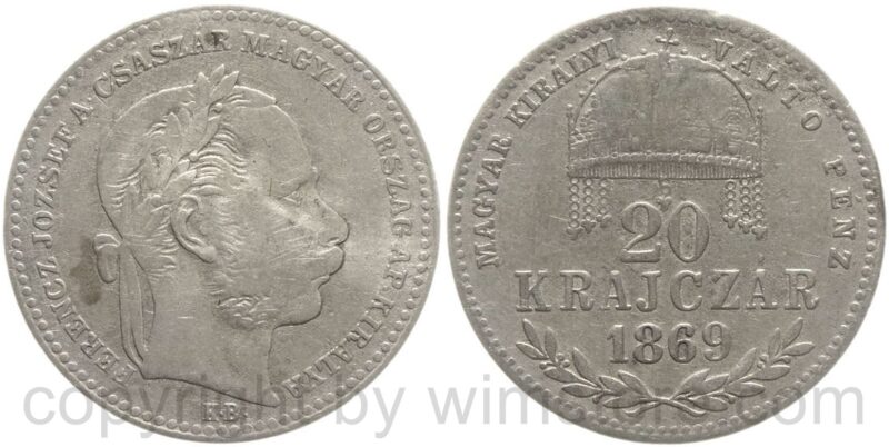 franz josef i., 20 krajczar 1869 kb. (20 kreuzer 1869 kb), ag, s