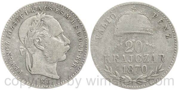 franz josef i., 20 krajczar 1870 kb. (20 kreuzer 1870 kb), ag, s