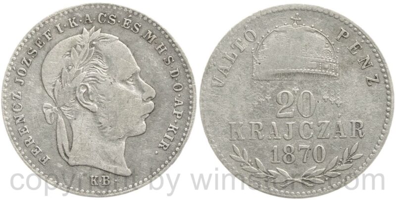 franz josef i., 20 krajczar 1870 kb. (20 kreuzer 1870 kb), ag, s