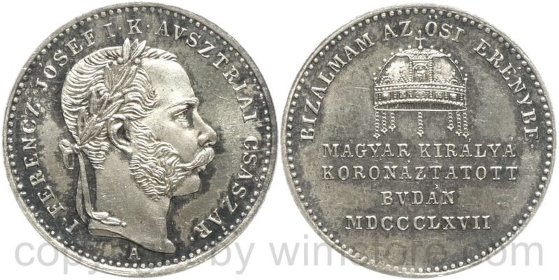 franz josef i., silberjeton (3,33g), (20,3 mm), 1867, franz josef nach rechts, mst. wien. auf die krönung in buda, ungarische legende, st franz josef i., silberjeton (3,33g), (20,3 mm), 1867, franz josef nach rechts, mst. wien. auf die krönung in buda, ungarische legende, st