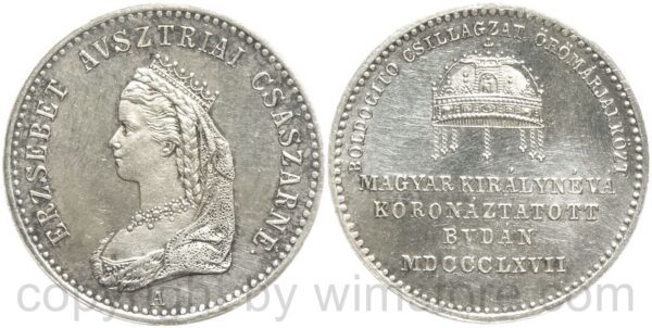 franz josef i., silberjeton (3,36g), (20,3 mm), 1867, elisabeth nach links, mst. wien. auf die krönung in buda, ungarische legende, st
