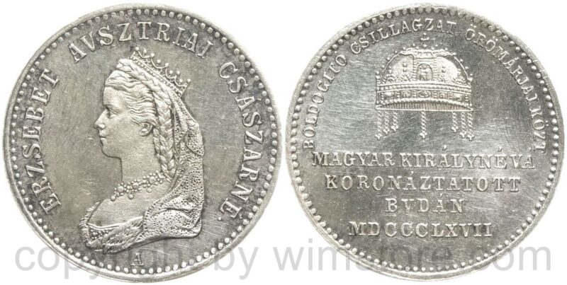 franz josef i., silberjeton (3,36g), (20,3 mm), 1867, elisabeth nach links, mst. wien. auf die krönung in buda, ungarische legende, st franz josef i., silberjeton (3,36g), (20,3 mm), 1867, elisabeth nach links, mst. wien. auf die krönung in buda, ungarische legende, st