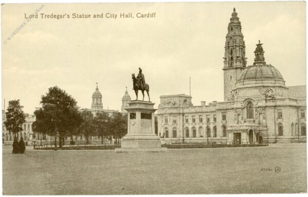 cardiff, lord tredegar's statue and city hall