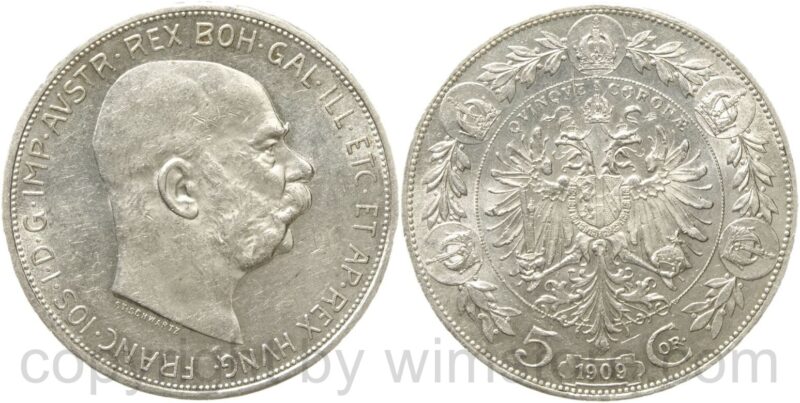 franz josef i., 5 kronen 1909, silber, vz franz josef i., 5 kronen 1909, silber, vz