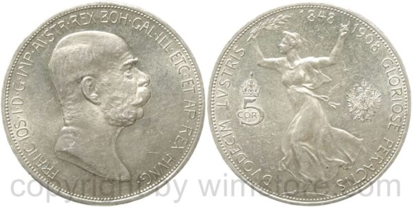 franz josef i., 5 kronen 1908, 60 jahre regierungsjubiläum, silber, vz st