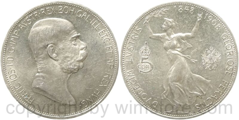 franz josef i., 5 kronen 1908, 60 jahre regierungsjubiläum, silber, vz st franz josef i., 5 kronen 1908, 60 jahre regierungsjubiläum, silber, vz st
