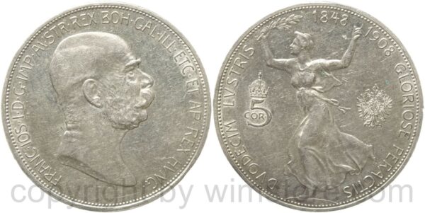 franz josef i., 5 kronen 1908, 60 jahre regierungsjubiläum, silber, vz st