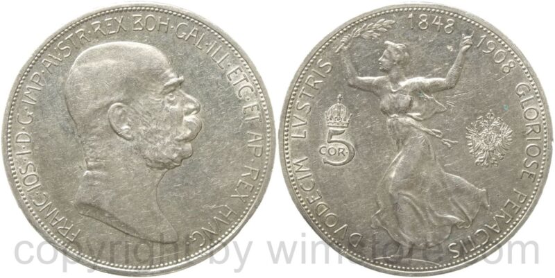 franz josef i., 5 kronen 1908, 60 jahre regierungsjubiläum, silber, vz st franz josef i., 5 kronen 1908, 60 jahre regierungsjubiläum, silber, vz st