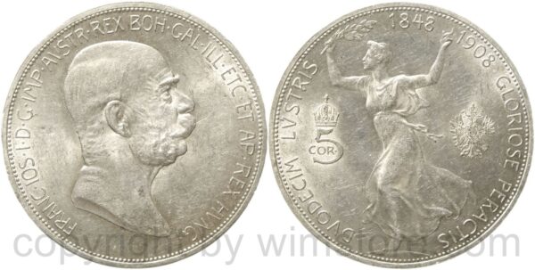 franz josef i., 5 kronen 1908, 60 jahre regierungsjubiläum, silber, vz st